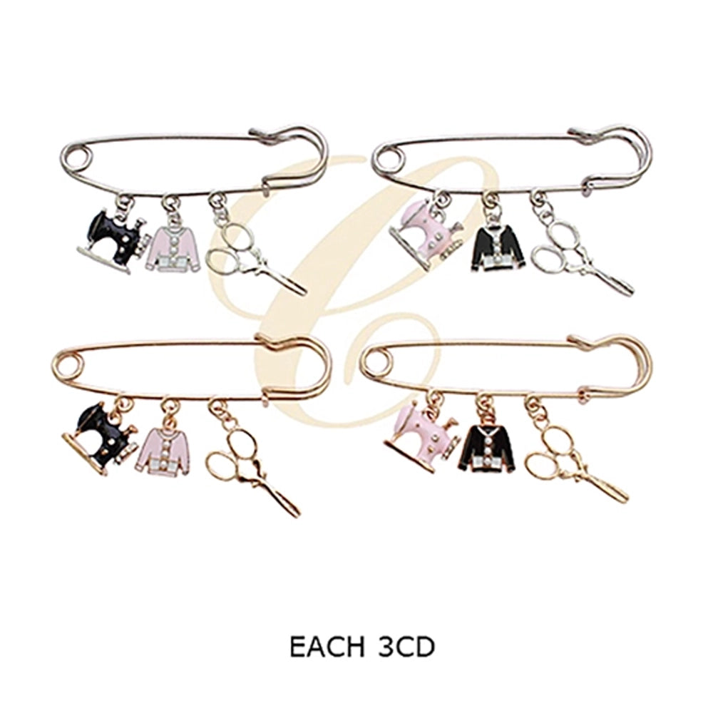 Vintage Sewing Machine & Tailor Tools Enamel Safety Pin Brooch  | Gold & Silver Charm Safety Pin Lapel Brooch Assortment (12 Pack Bulk) RBC-0308R