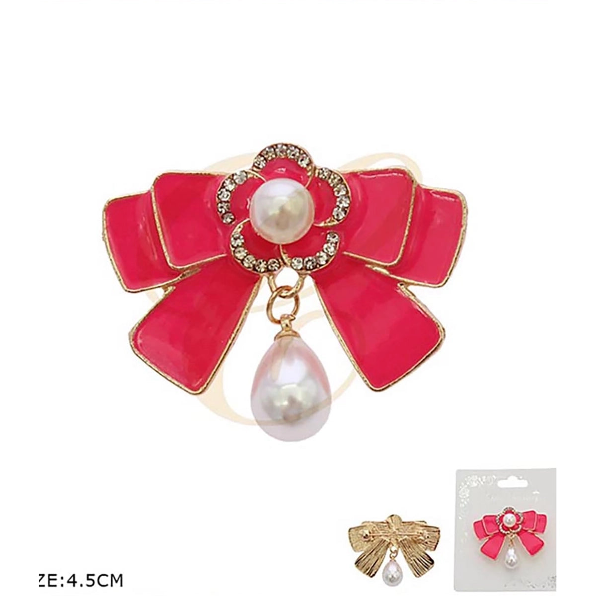 Vintage Enamel Ribbon Bow Camellia Brooch Pin – Rhinestone Flower & Teardrop Pearl Dangle Lapel Pin (12 Pcs) (RBC-0313R6)