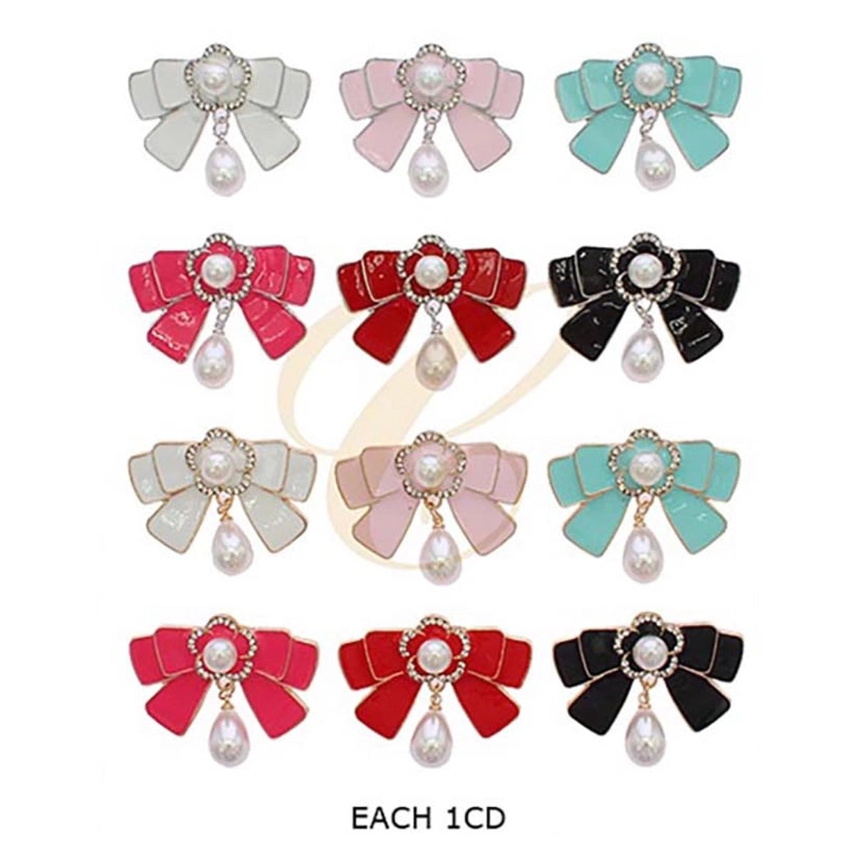 Vintage Enamel Ribbon Bow Camellia Brooch Pin – Rhinestone Flower & Teardrop Pearl Dangle Lapel Pin (12 Pcs) (RBC-0313R6)