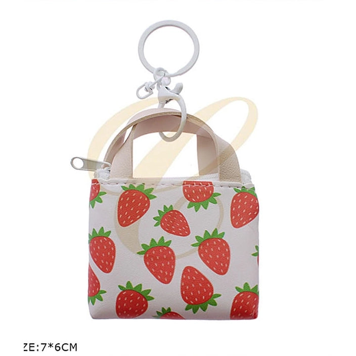 Mini Strawberry Printed Handbag Coin Purse Keychain 7x6cm | Cute PU Leather Zippered Bag Charm Pouch Assortment (12 Pack Bulk) RBG-0768R