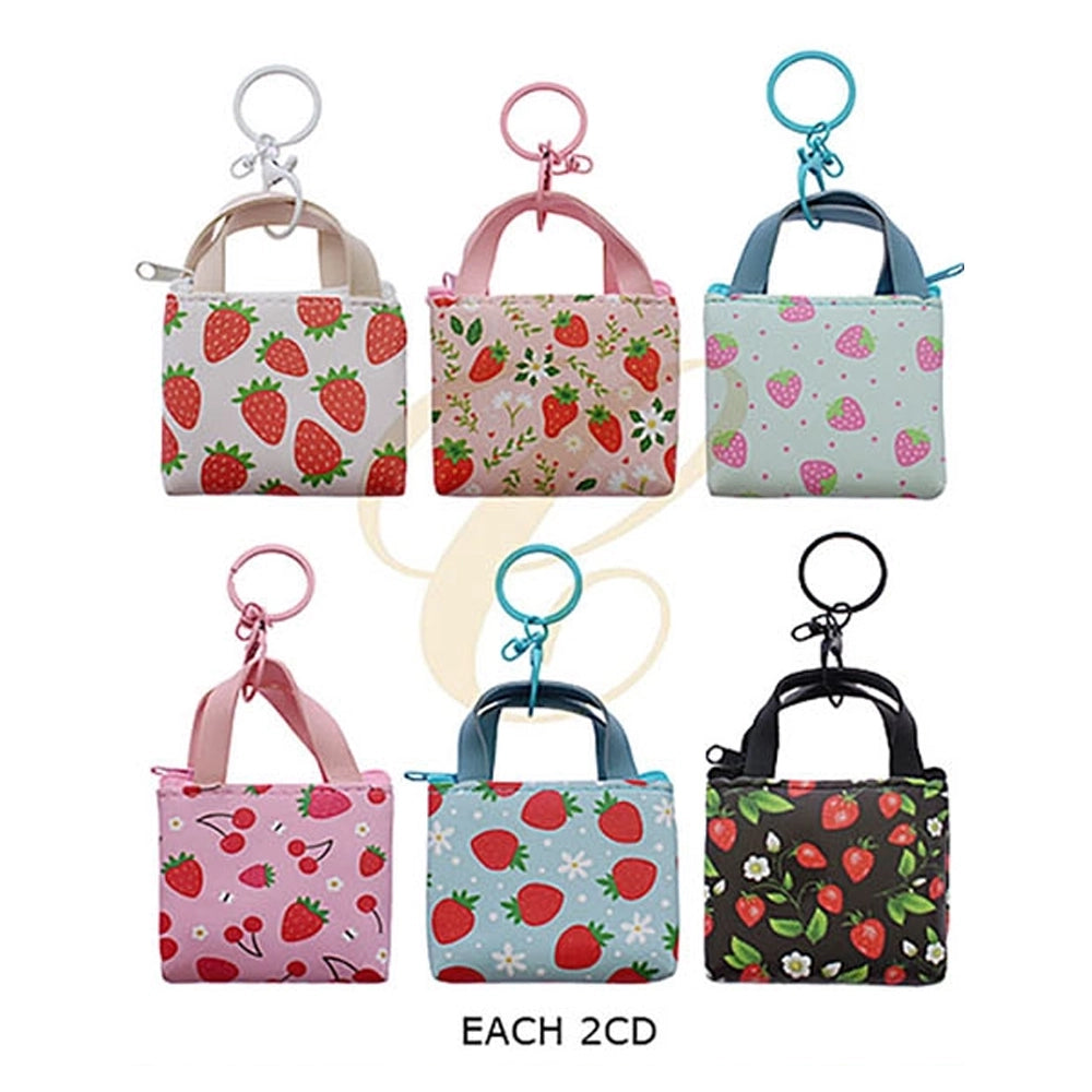 Mini Strawberry Printed Handbag Coin Purse Keychain 7x6cm | Cute PU Leather Zippered Bag Charm Pouch Assortment (12 Pack Bulk) RBG-0768R