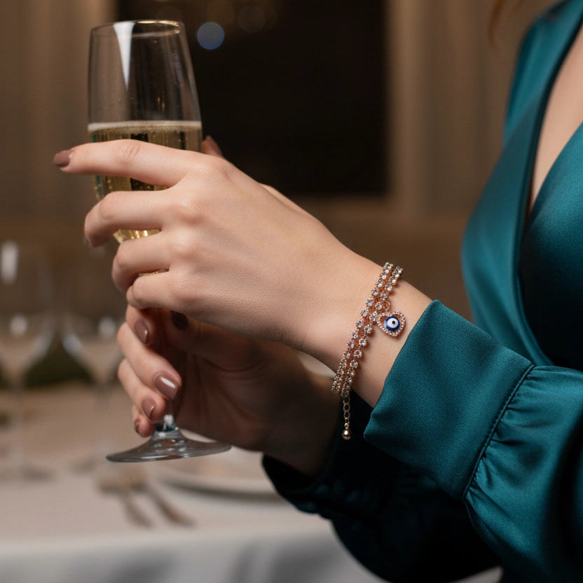 Fashion Rhinestone Evil Eye Heart Charm Bracelet