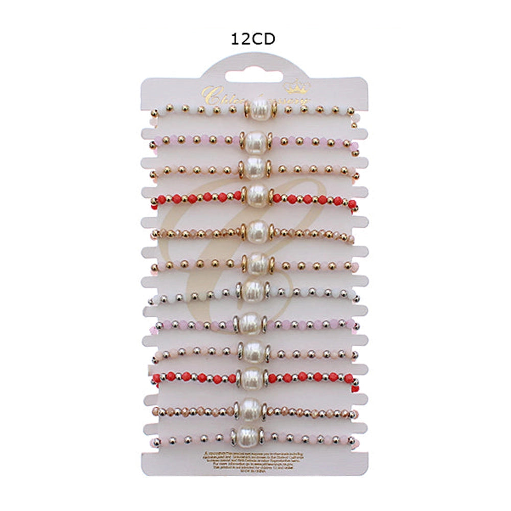 Pearl & Crystal Bead Bracelet Set (12-Pack) - Adjustable & Stackable