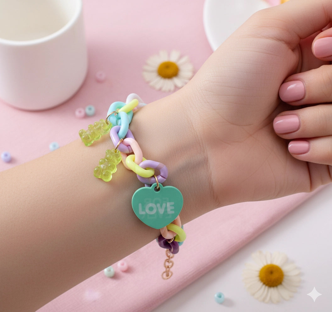 Pastel Gummy Bear and Heart Charm Bracelet