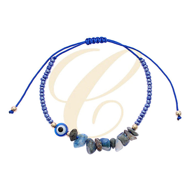 Evil Eye & Assorted Gemstone Chip Bracelet Set (12-Pack) - Adjustable
