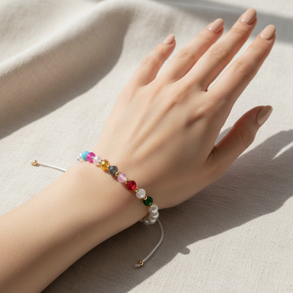 Boho Colorful Crystal & Pearl Beaded Adjustable Cord Bracelet – 12pc Set – Multi-Color Rhinestone & Faux Pearl Friendship Jewelry (RBT-1816R)