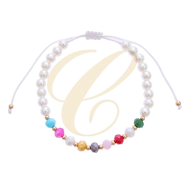 Boho Colorful Crystal & Pearl Beaded Adjustable Cord Bracelet – 12pc Set – Multi-Color Rhinestone & Faux Pearl Friendship Jewelry (RBT-1816R)