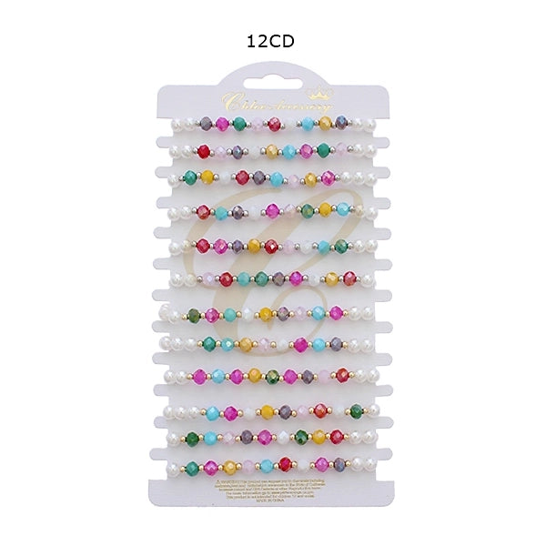 Boho Colorful Crystal & Pearl Beaded Adjustable Cord Bracelet – 12pc Set – Multi-Color Rhinestone & Faux Pearl Friendship Jewelry (RBT-1816R)