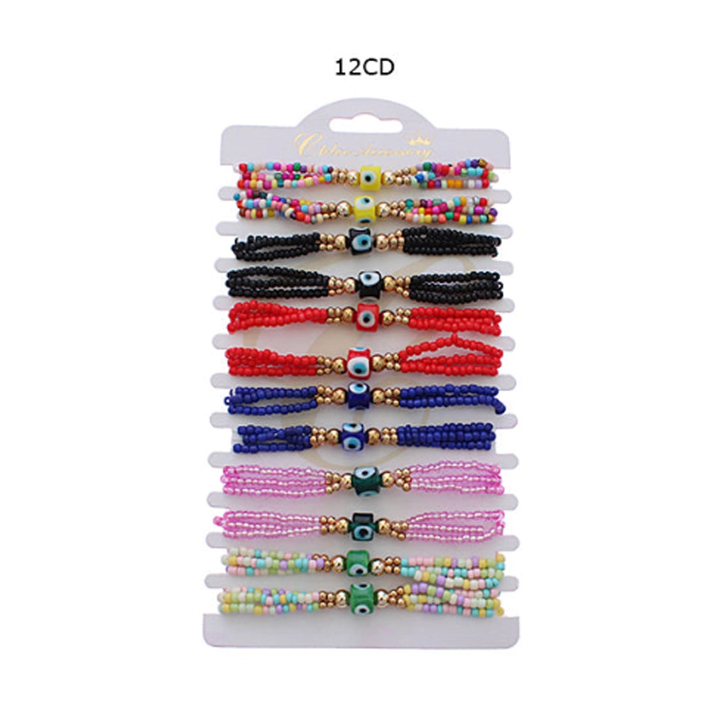 Evil Eye Protection Bead Bracelet Set (12-Pack) - Adjustable Seed Bead & Charm Bracelets