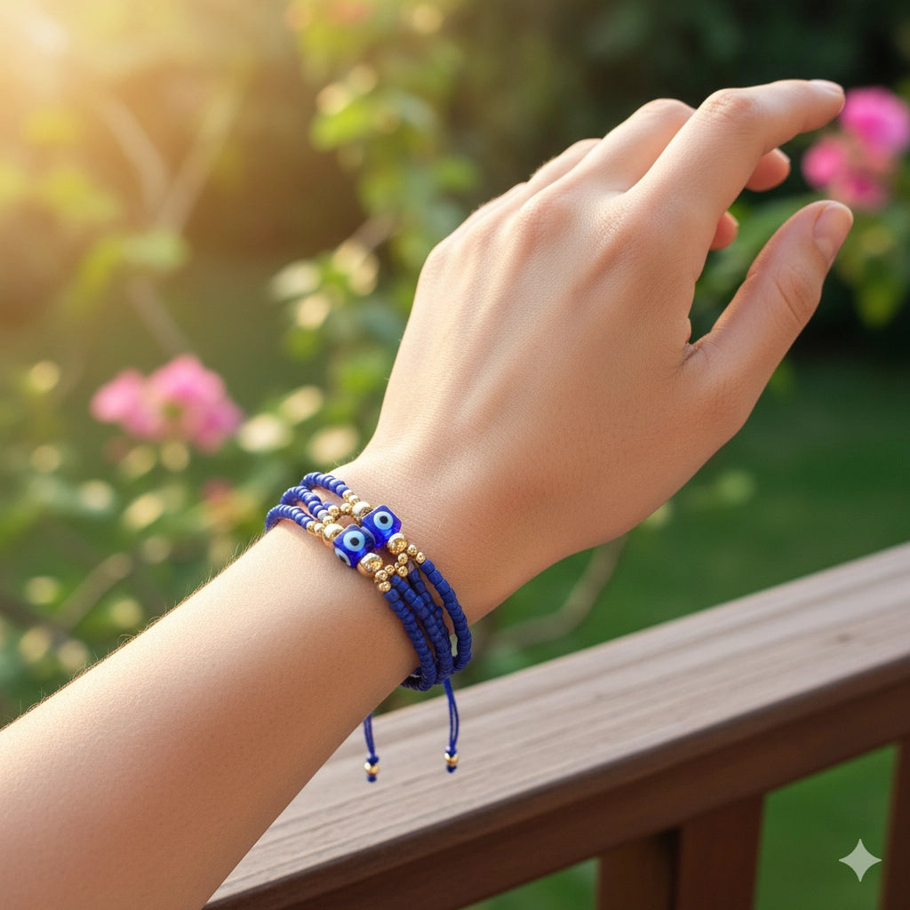 Evil Eye Protection Bead Bracelet Set (12-Pack) - Adjustable Seed Bead & Charm Bracelets