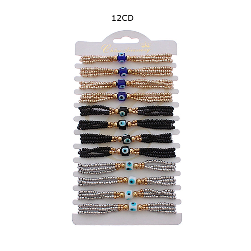 Evil Eye Seed Bead Bracelet Set (12-Pack) - Multistrand Protection Jewelry