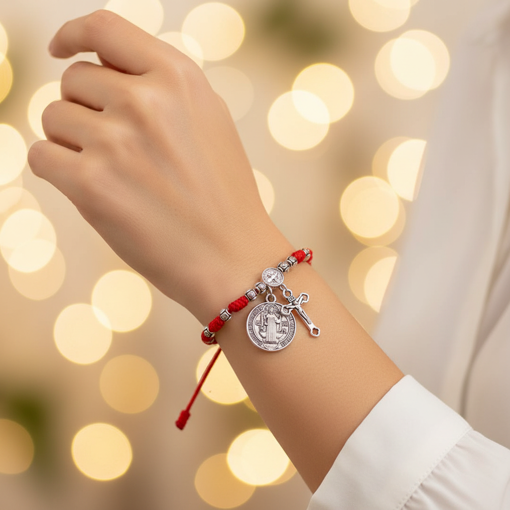 Saint Benedict Protection Bracelet – Hand-Woven Red & Black Cord Rosary Bracelet with Crucifix & St. Benedict Medal Charm (Adjustable) (RBT-1949R2)