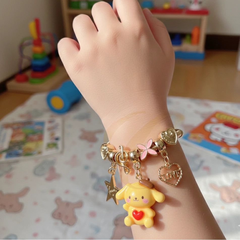 Cute Animal Friends Kids' Charm Bracelet – Gold & Silver Tone Coil Jewelry with Cartoon Puppy, Bunny, and Kitty Charms (RBT-1981R)