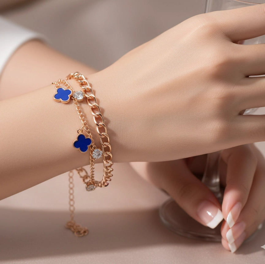 Fashion Jewelry Set Two-Piece Blue Clover and Crystal Stackable Bracelet