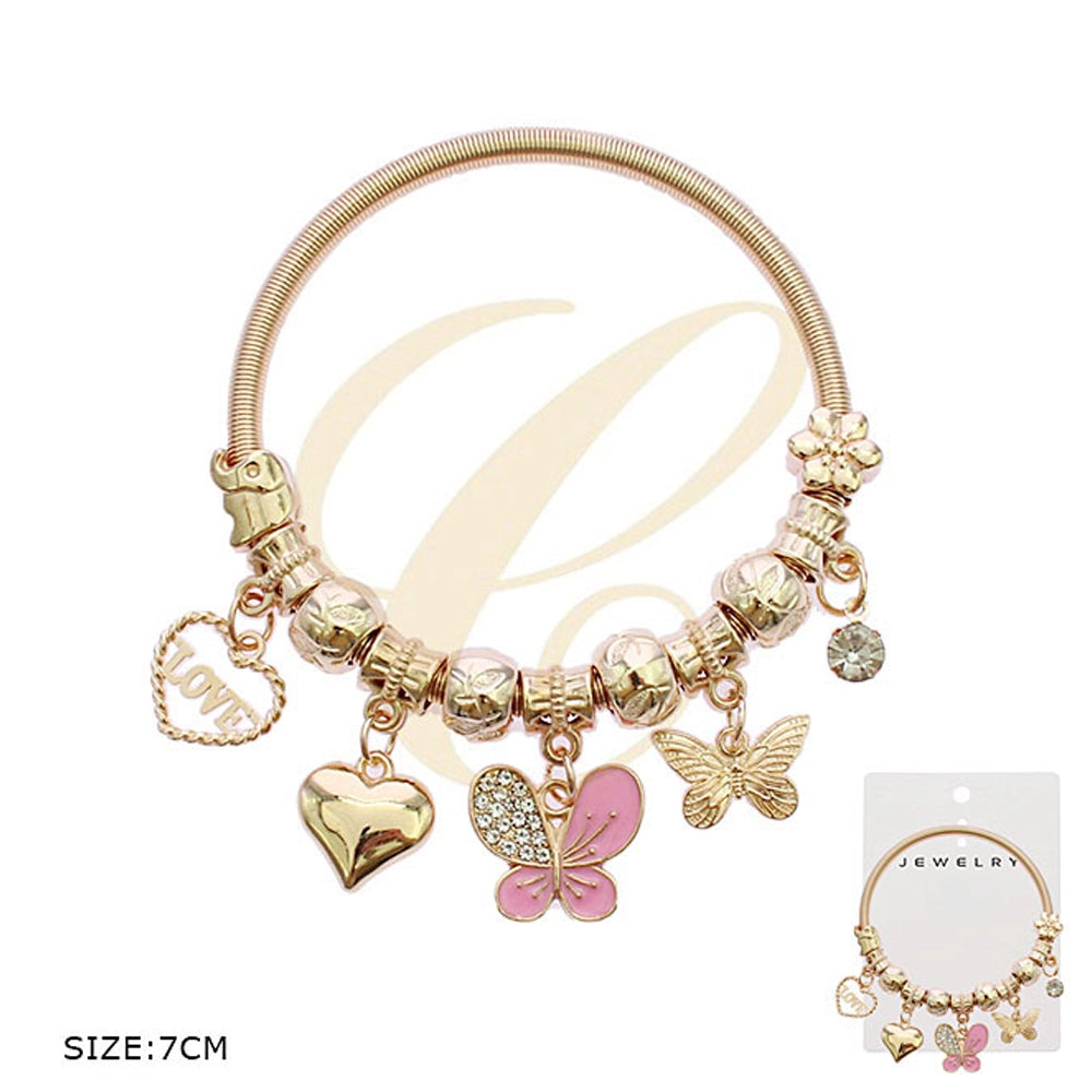 Whimsical Butterfly & Heart Charm Bangle Bracelet