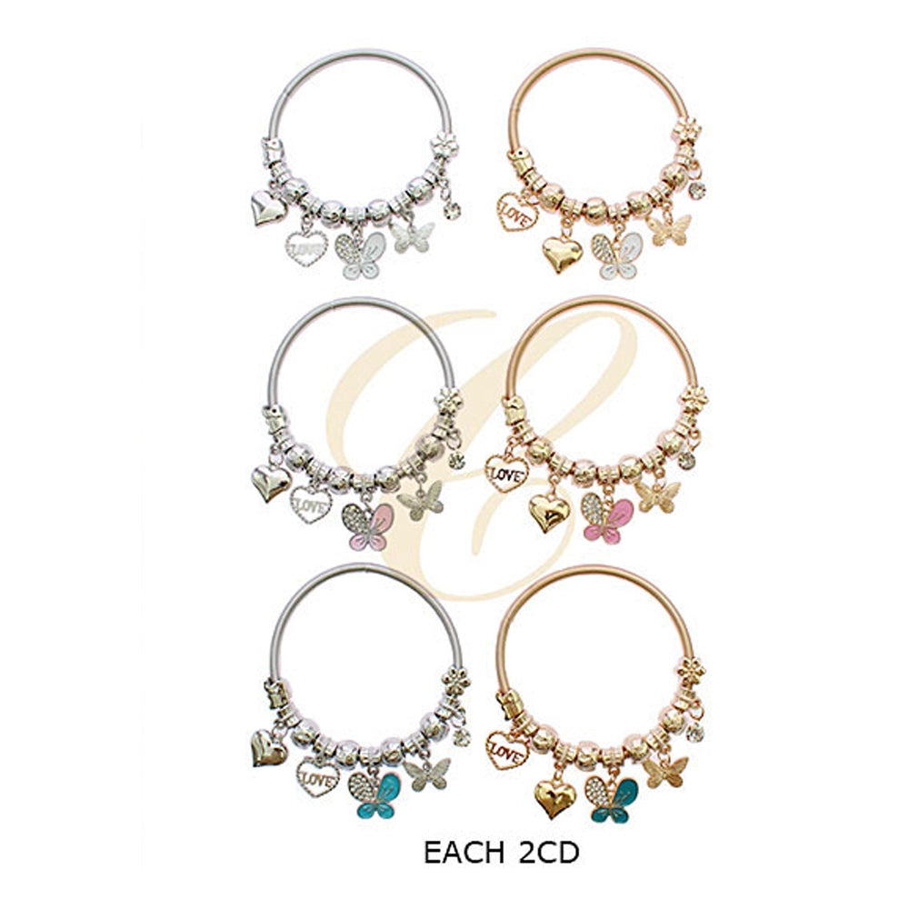 Whimsical Butterfly & Heart Charm Bangle Bracelet
