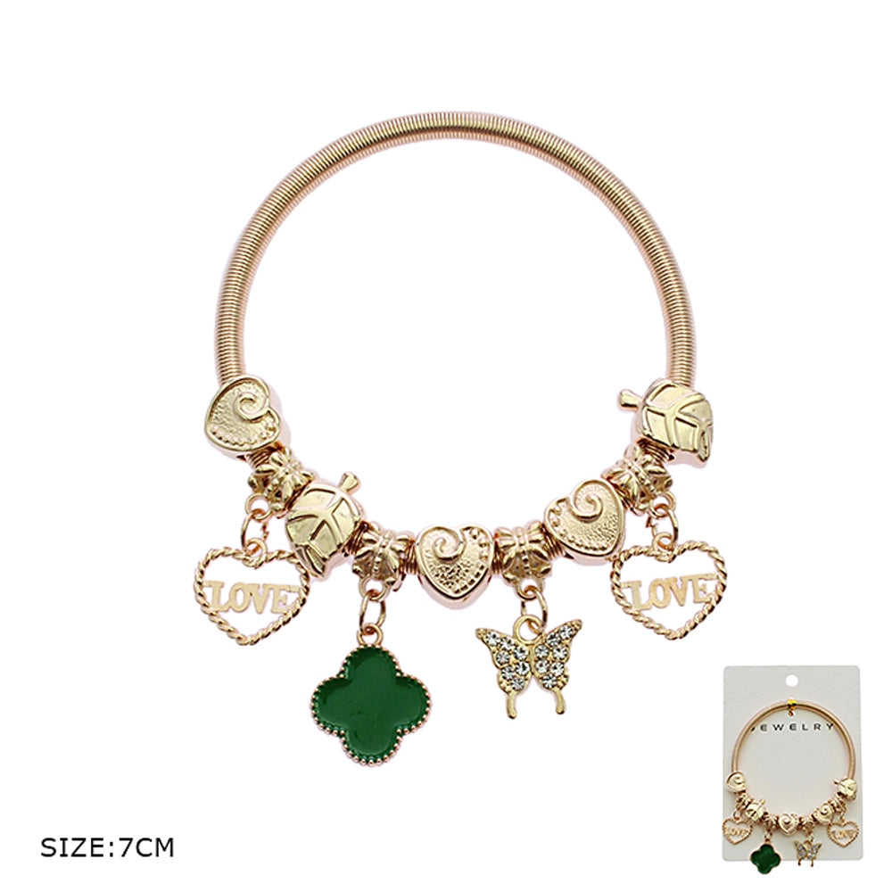Enamel Clover & Crystal Butterfly Charm Stretch Bracelet (RBT-2065R6)