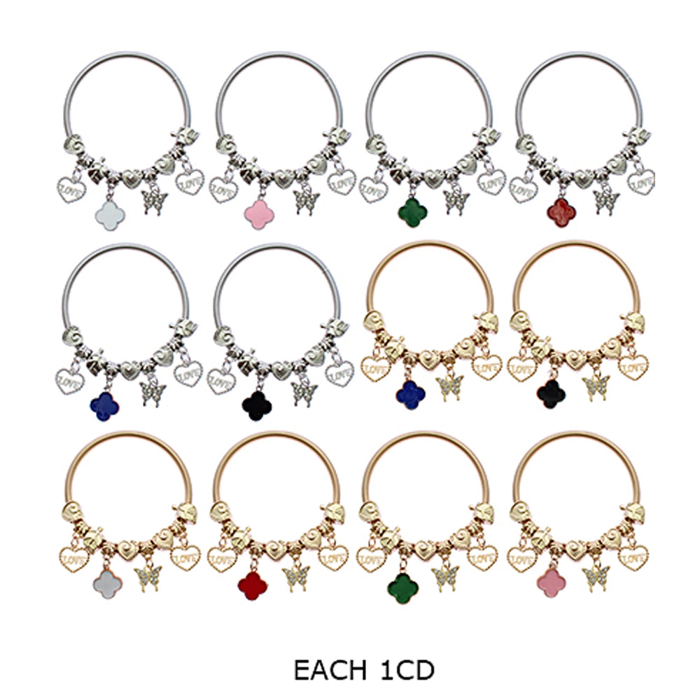 Enamel Clover & Crystal Butterfly Charm Stretch Bracelet (RBT-2065R6)