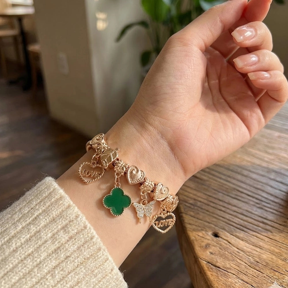 Enamel Clover & Crystal Butterfly Charm Stretch Bracelet (RBT-2065R6)