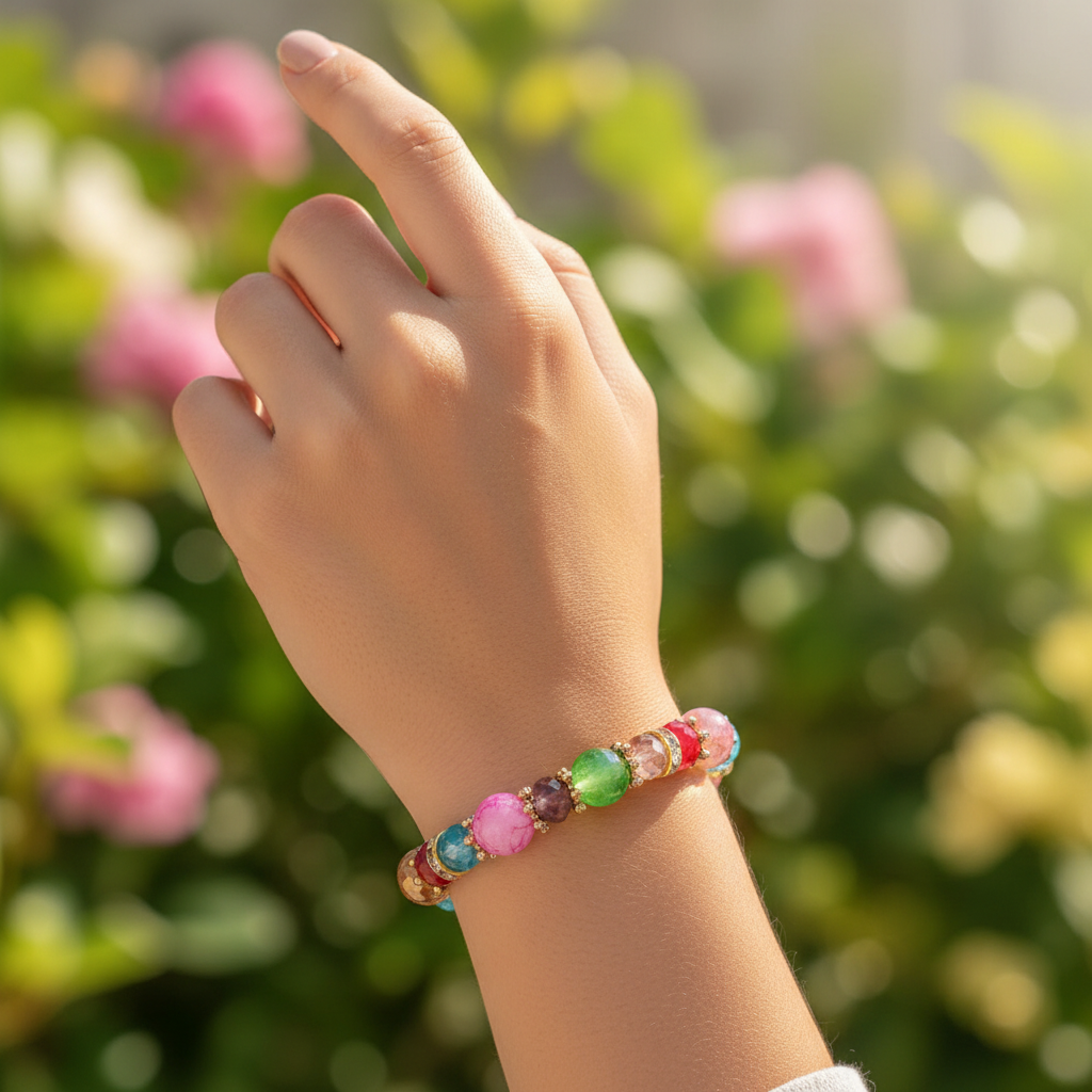 Colorful Beaded Stretch Bracelet – Multicolor Faceted Crystal & Rhinestone Accent Bracelet (RBT-2068R6)
