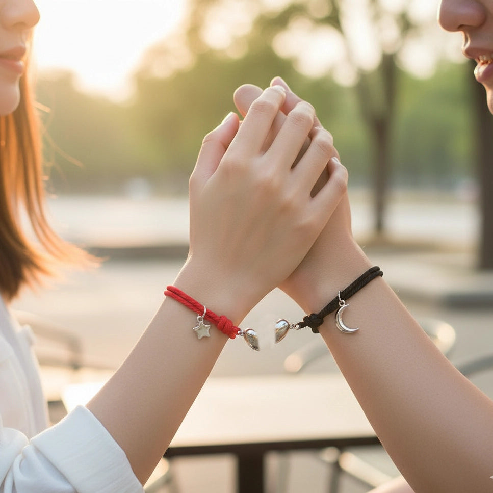 Magnetic Couple Bracelets - Heart Connection Set | Adjustable Distance Jewelry (Red/Black)