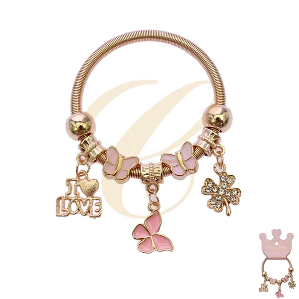Butterfly Charm Expandable Bracelet – Rose Gold & Silver Tone Bangle with "I Love" & Crystal Clover Accents (RBT-2104R6)
