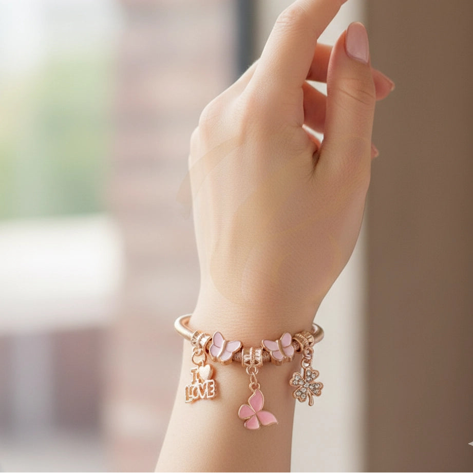 Butterfly Charm Expandable Bracelet – Rose Gold & Silver Tone Bangle with "I Love" & Crystal Clover Accents (RBT-2104R6)