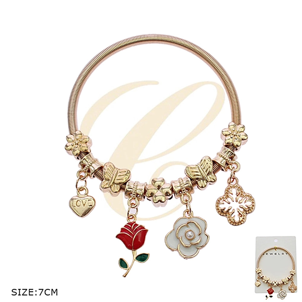 Floral Charm Coil Bracelet -LOVE" Engraved Heart  (RBT-2123GS)