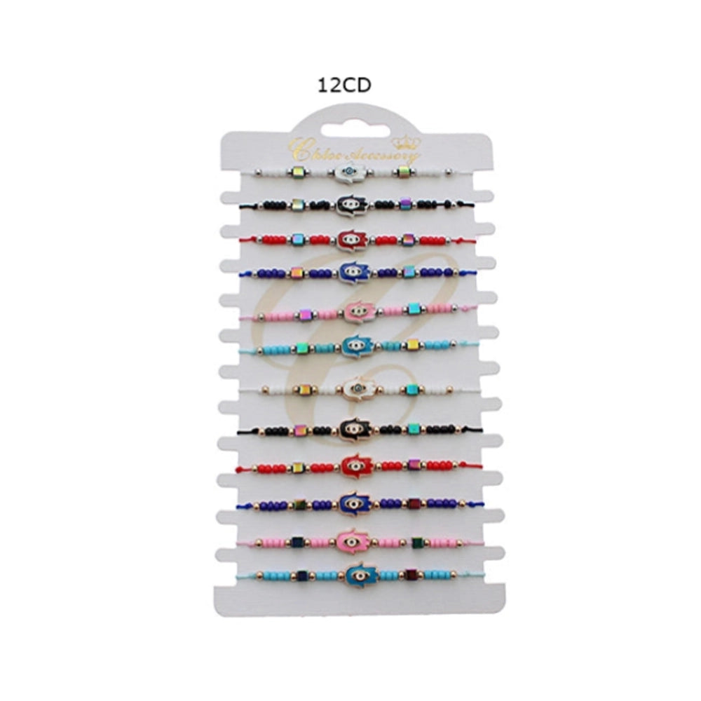Hamsa Hand & Evil Eye Charm Bracelet Set (12-Pack) - Adjustable
