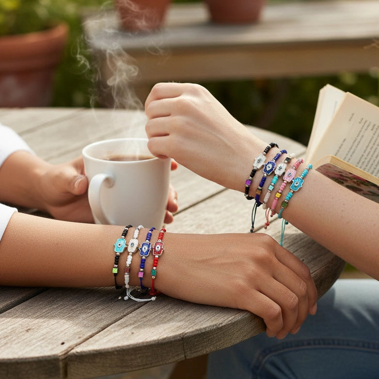 Hamsa Hand & Evil Eye Charm Bracelet Set (12-Pack) - Adjustable