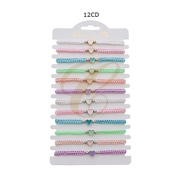 12-Piece Bulk Set: Handmade Macramé Heart Charm Bracelets – Adjustable Friendship Jewelry for Kids & Adults (RBT-2185R)