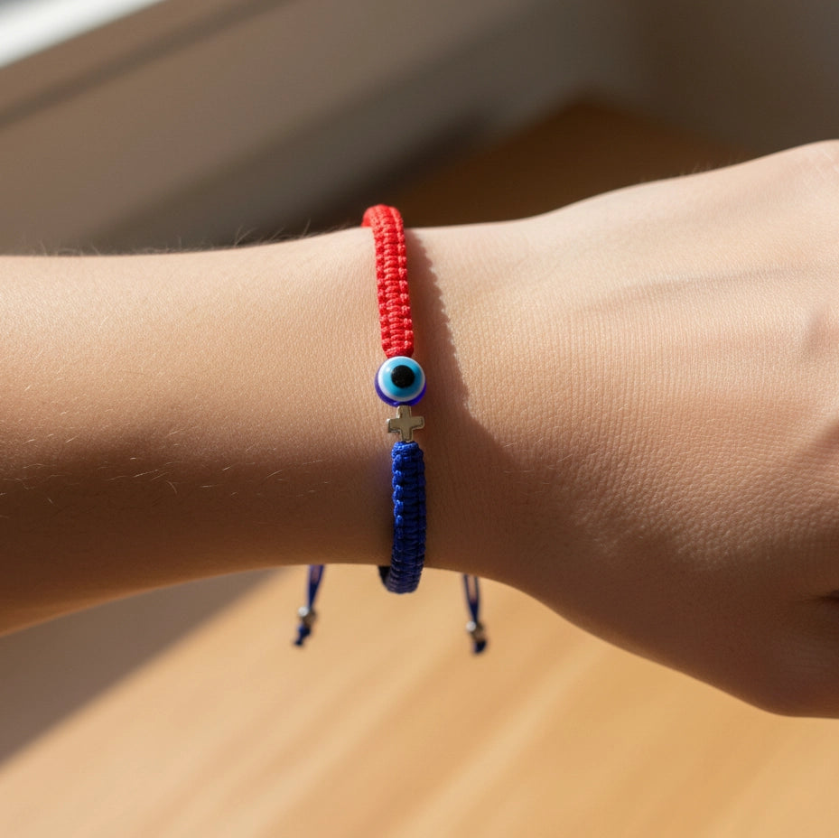 Duo-Tone Protection Bracelet with Evil Eye & Cross Charm