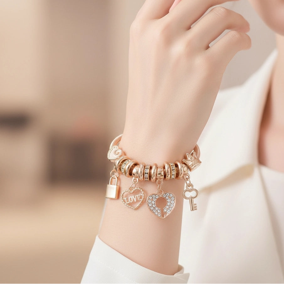 Charm Love Key Heart Bangle Bracelet (RBT-2251GS)