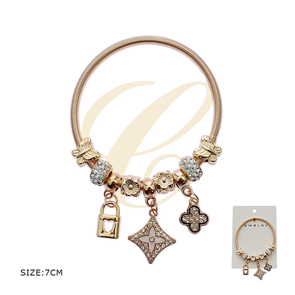 7cm Stretch Charm Bracelet for Women - Rose Gold & Silver Finish Bangle with Clover, Padlock, and Crystal Charms (RBT-2301GS)