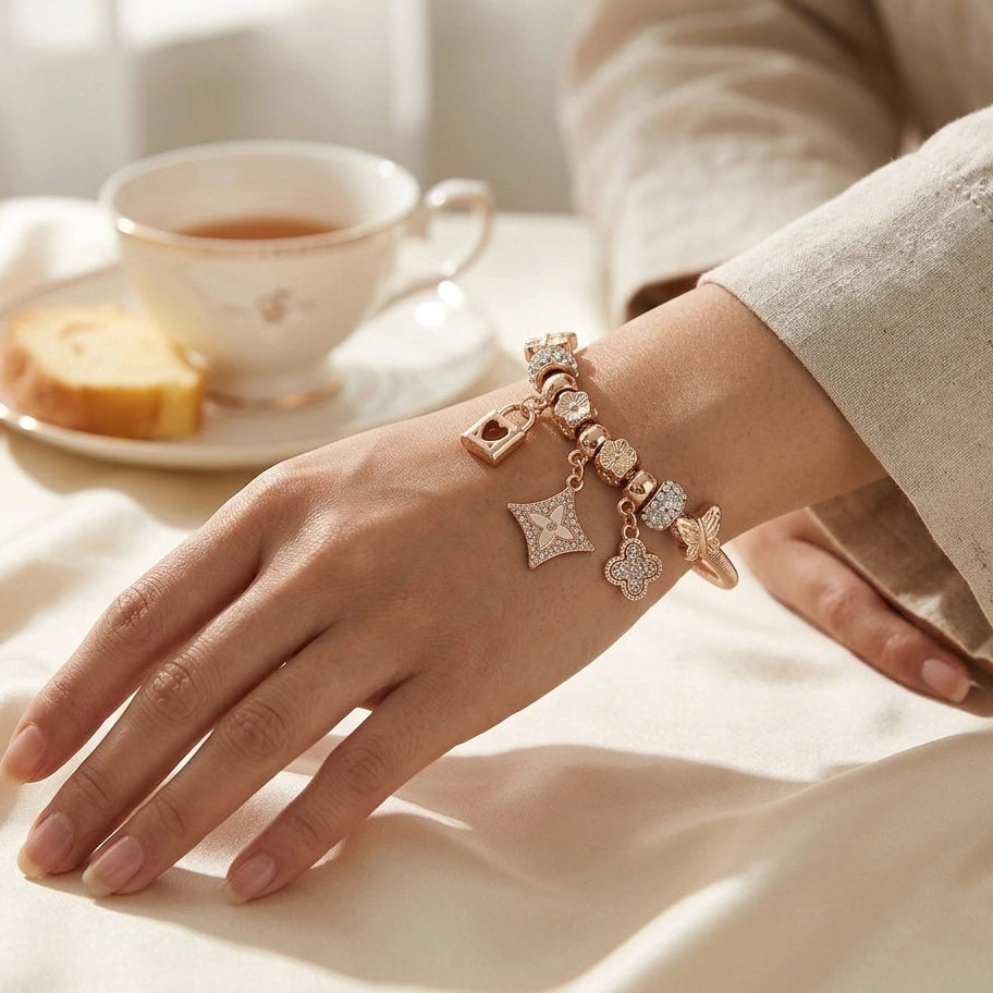 7cm Stretch Charm Bracelet for Women - Rose Gold & Silver Finish Bangle with Clover, Padlock, and Crystal Charms (RBT-2301GS)