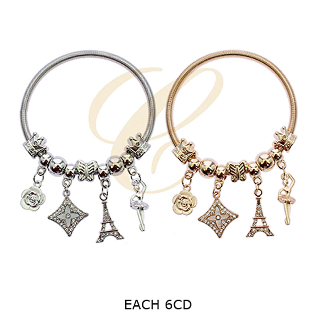 Parisian Charm Stretch Bracelet - Gold & Silver Eiffel Tower & Ballerina Expandable Coil Bangle (RBT-2304GS)