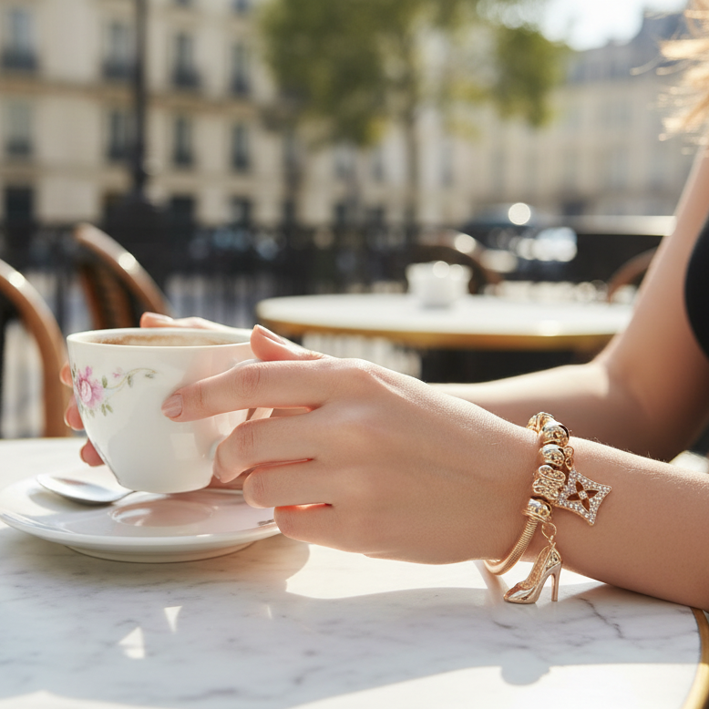 Parisian Charm Stretch Bracelet - Gold & Silver Eiffel Tower & Ballerina Expandable Coil Bangle (RBT-2304GS)