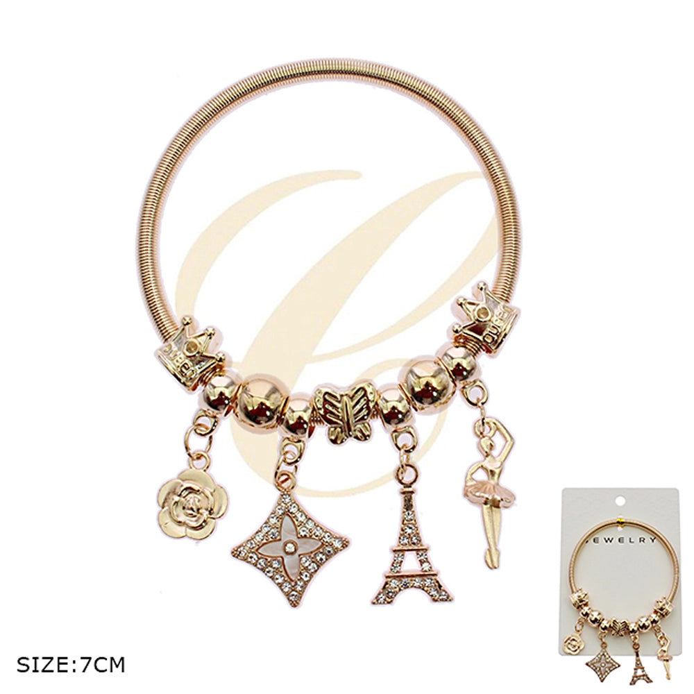 Parisian Charm Stretch Bracelet - Gold & Silver Eiffel Tower & Ballerina Expandable Coil Bangle (RBT-2304GS)