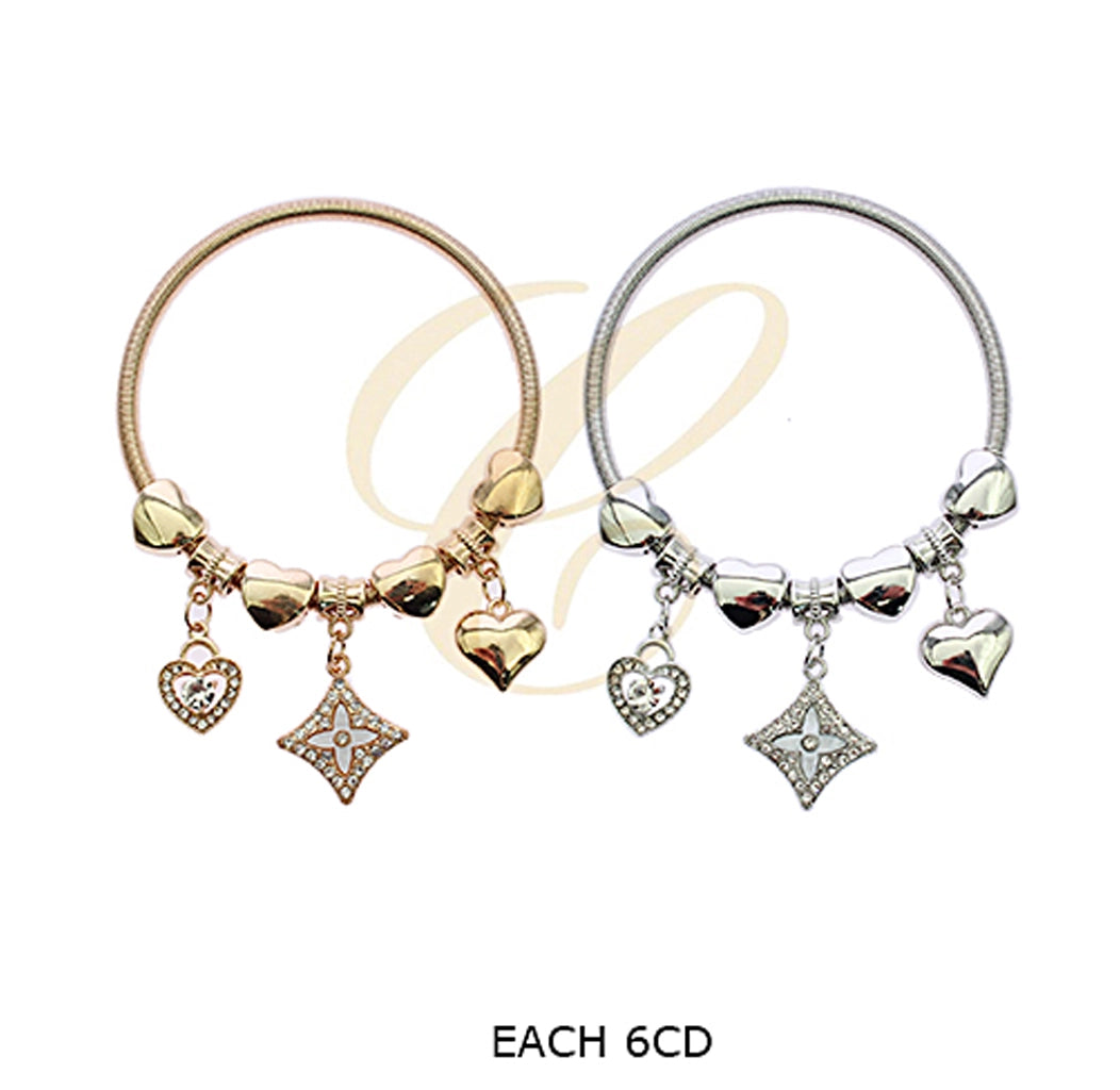 Luminous Heart & Celestial Star Charm Bracelet - Flexible Coiled Bangle in High-Polish Gold or Silver (RBT-2307GS)