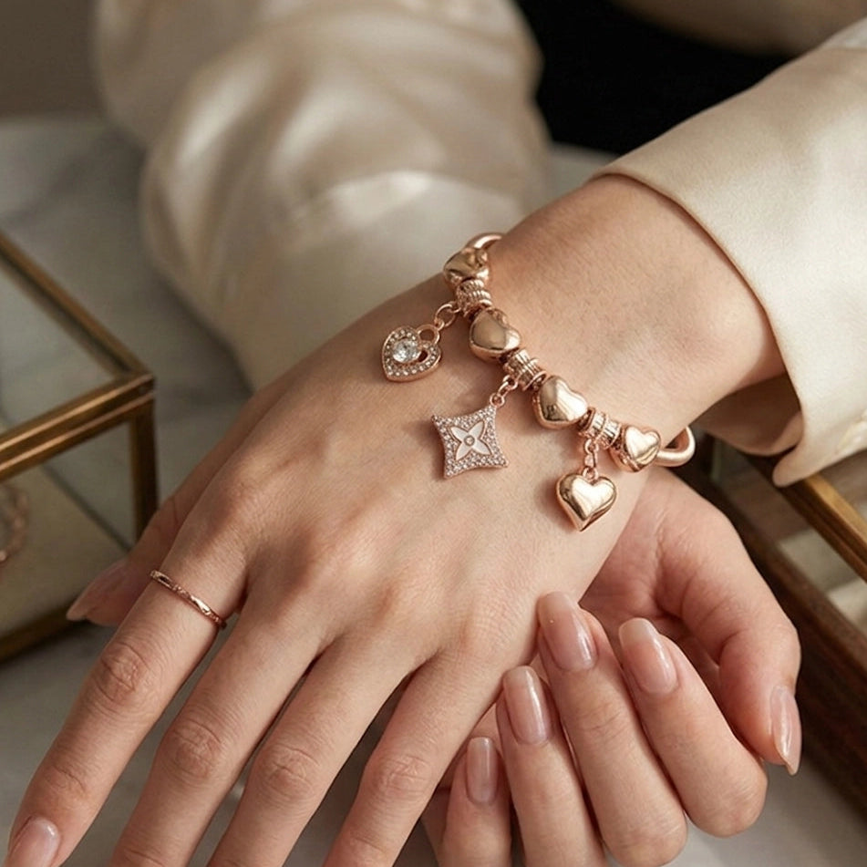 Luminous Heart & Celestial Star Charm Bracelet - Flexible Coiled Bangle in High-Polish Gold or Silver (RBT-2307GS)