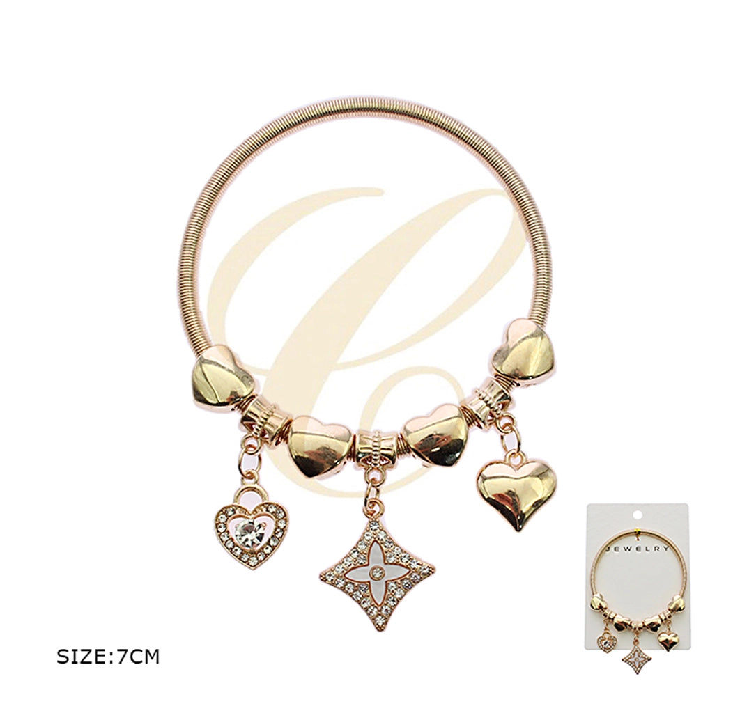 Luminous Heart & Celestial Star Charm Bracelet - Flexible Coiled Bangle in High-Polish Gold or Silver (RBT-2307GS)
