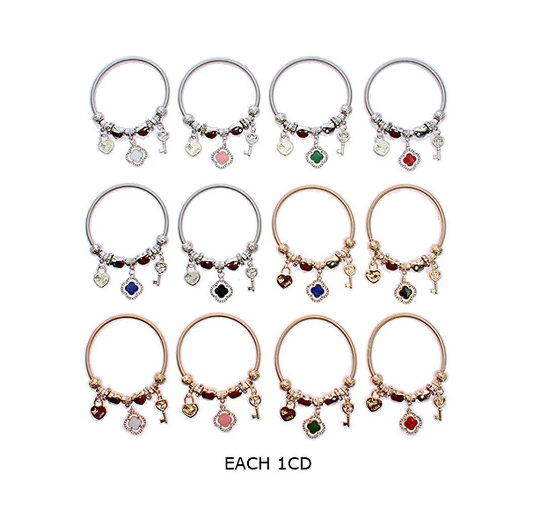 Lucky Clover Enamel Charm Bracelet | Rose Gold Heart Lock and Key Bangle | Jewelry Gift for He (RBT-2325R6)