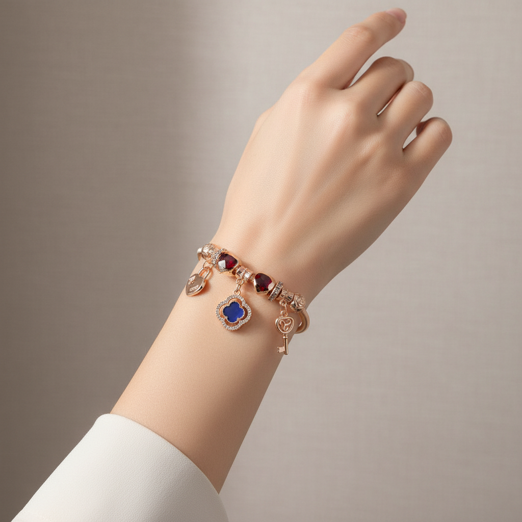 Lucky Clover Enamel Charm Bracelet | Rose Gold Heart Lock and Key Bangle | Jewelry Gift for He (RBT-2325R6)