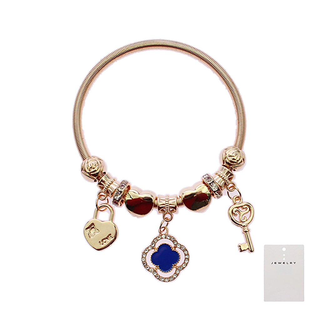 Lucky Clover Enamel Charm Bracelet | Rose Gold Heart Lock and Key Bangle | Jewelry Gift for He (RBT-2325R6)