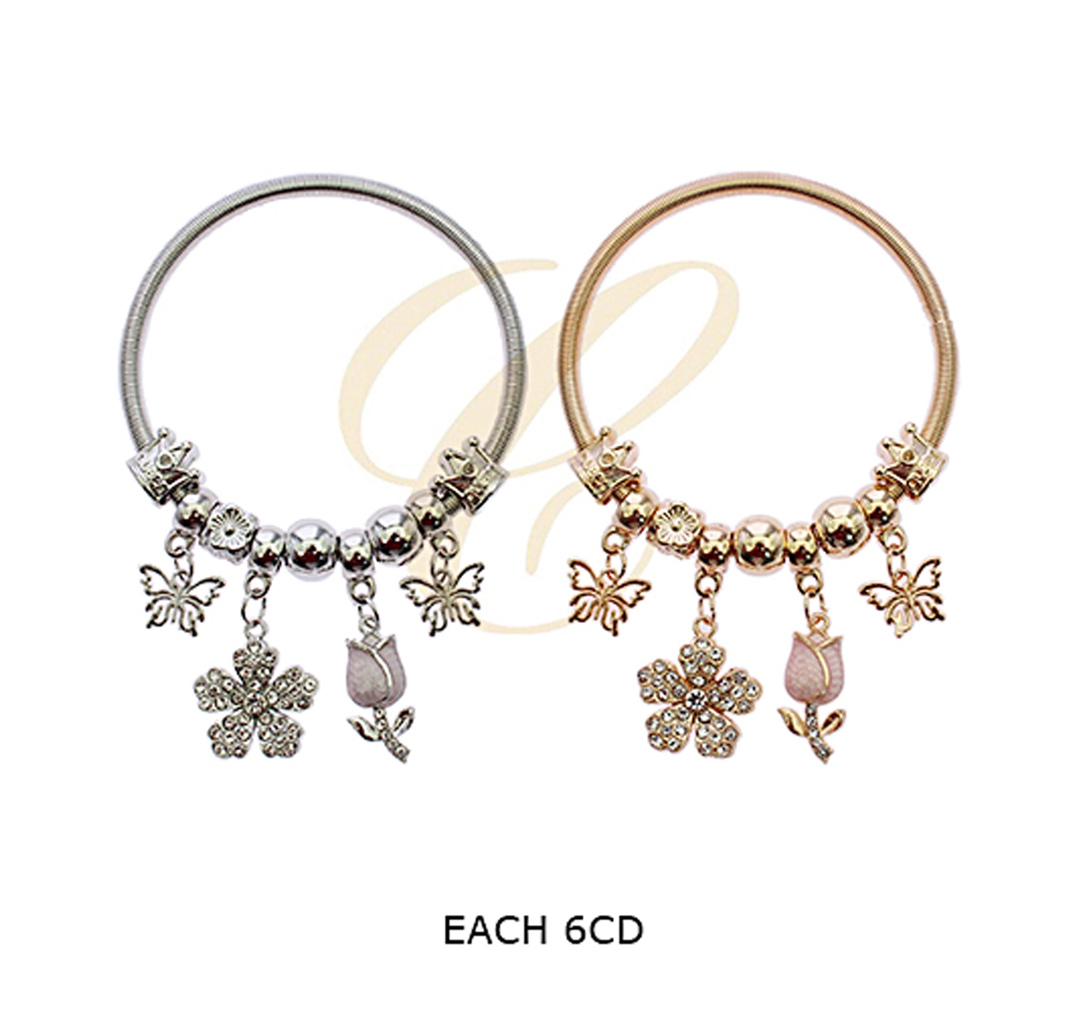 Elegant Butterfly & Crystal Flower Charm Bracelet – Adjustable Pink Rosebud Bangle (RBT-2359GS)