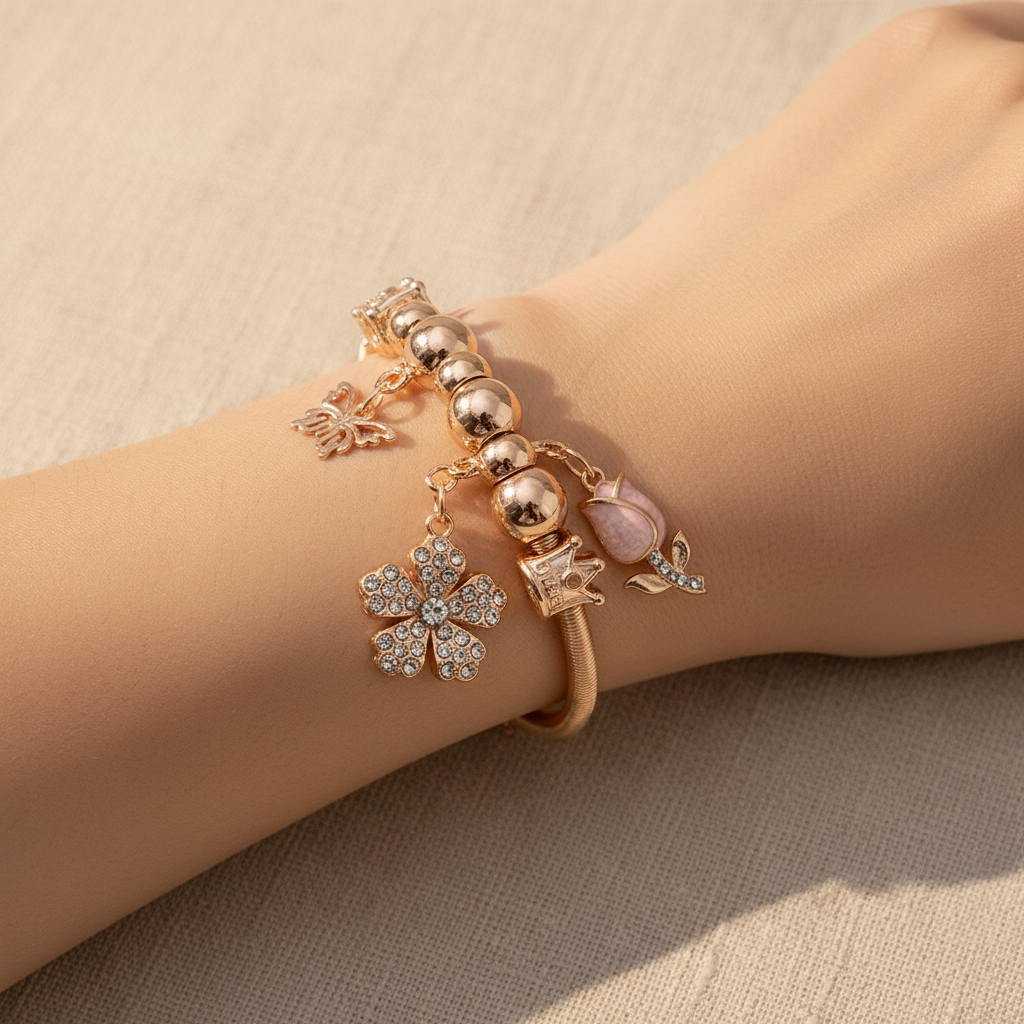 Elegant Butterfly & Crystal Flower Charm Bracelet – Adjustable Pink Rosebud Bangle (RBT-2359GS)