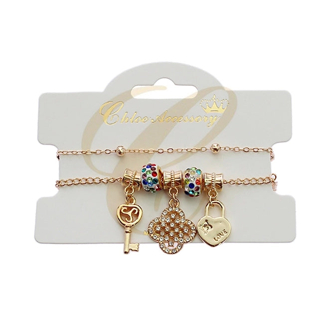 Layered Charm Anklet Set – Rose Gold & Silver Boho Foot Jewelry with Heart, Key, and Clover Charms – Sparkling Crystal Beads (RBT-2369R6)