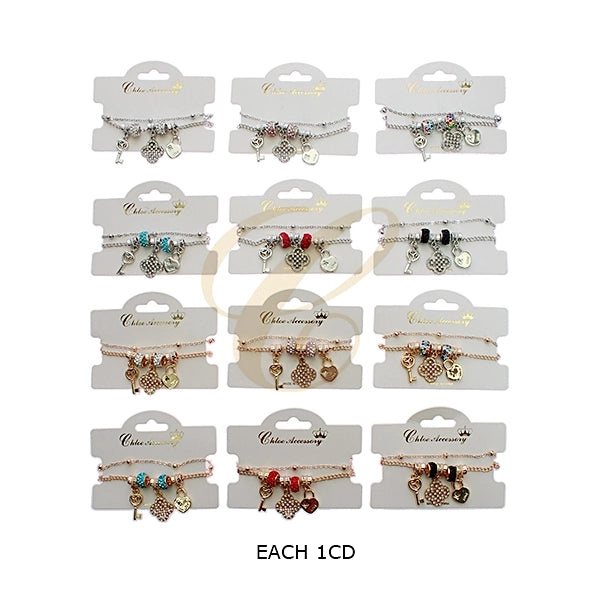 Layered Charm Anklet Set – Rose Gold & Silver Boho Foot Jewelry with Heart, Key, and Clover Charms – Sparkling Crystal Beads (RBT-2369R6)