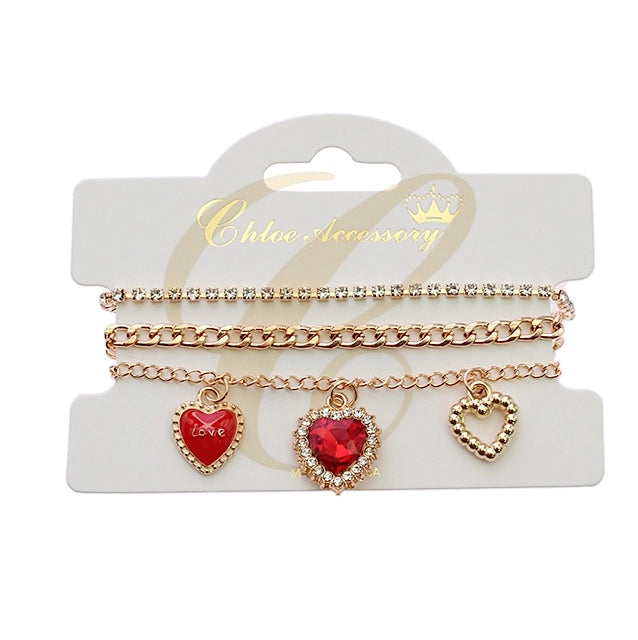 Sparkling Heart Charm Triple-Layer Anklet Set – Adjustable Gold & Silver Boho Foot Jewelry (RBT-2370R6)