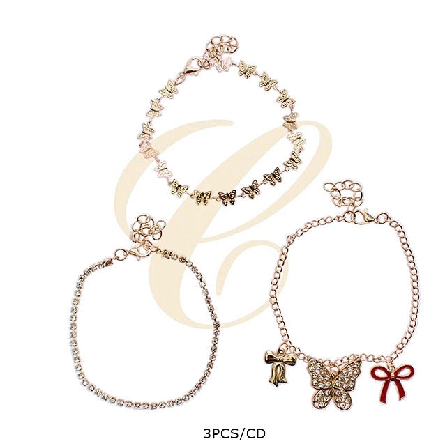 Elegant 3-Piece Butterfly & Bow Charm Bracelet Set (RBT-2371R6)